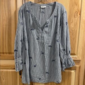 Westport Blue & White Cotton Striped Tunic with Navy Floral Embroidery Sz 3X